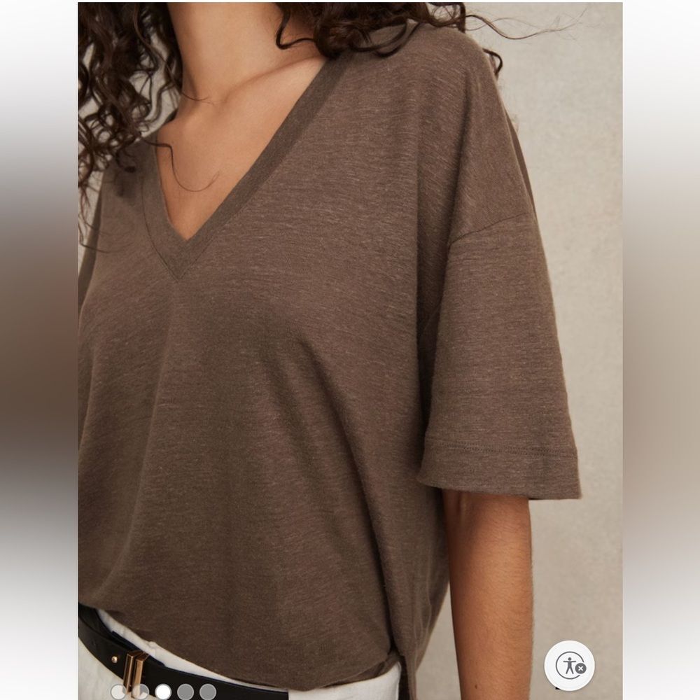 Reiss Ember Relaxed Chocolate Brown V-Neck Linen Tee